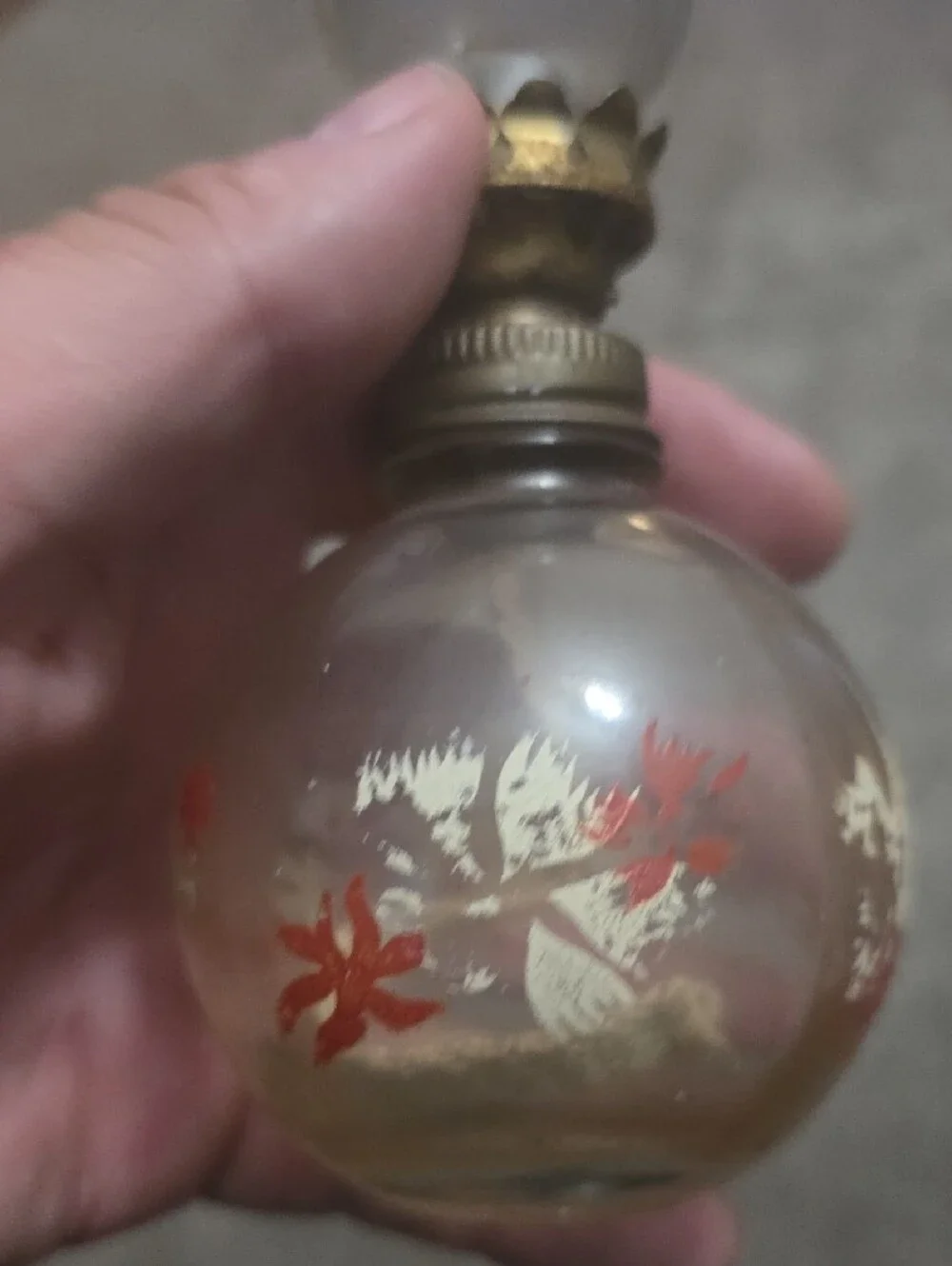 Vintage Glass Hurricane Oil Lamp with Hand- Painted White and Red Floral Design